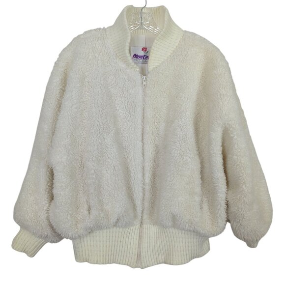 Vintage Monterey Fashions White Sherpa Bomber Jacket Women 16 Zip Up Teddy Coat - Picture 1 of 13
